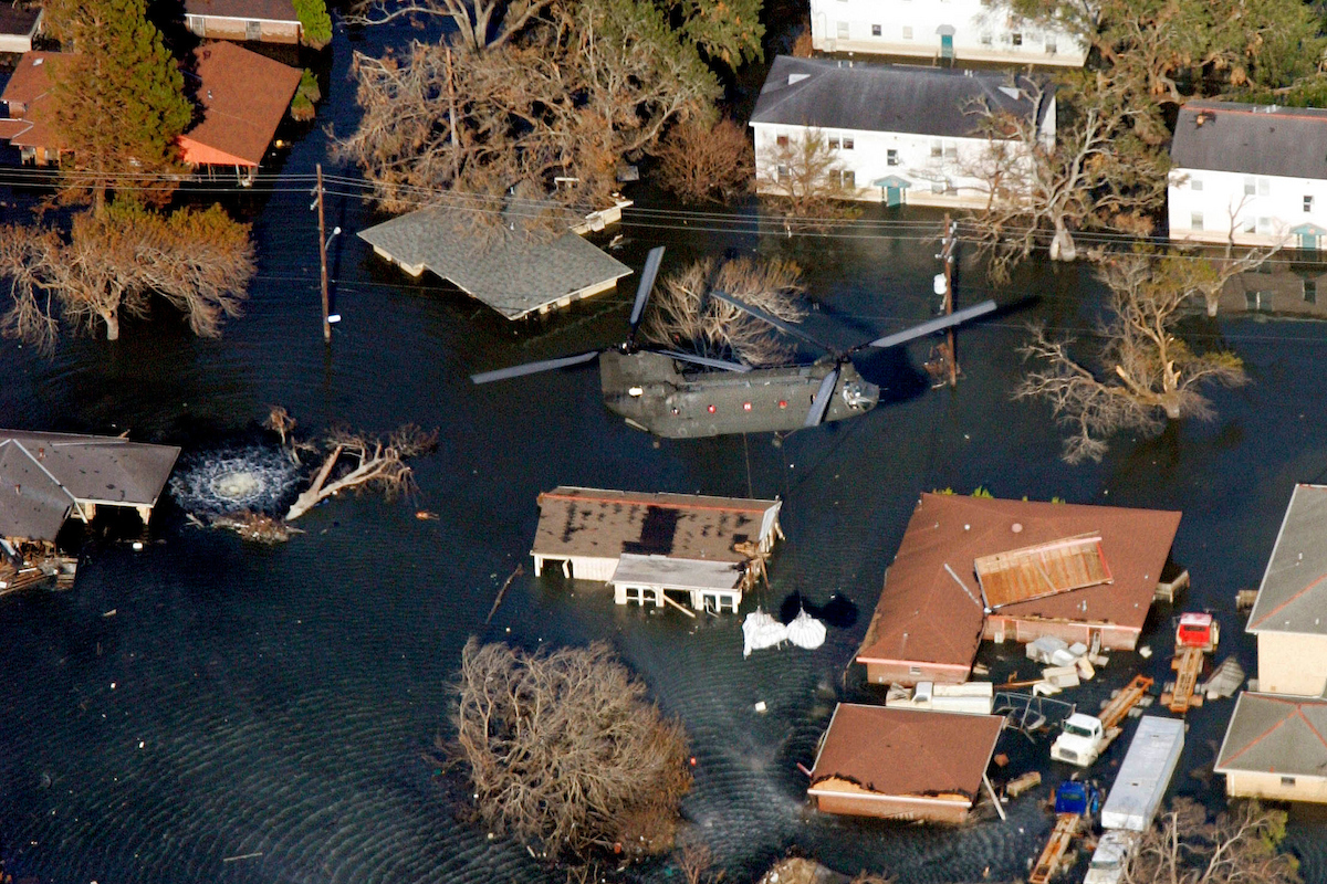 Aerial view of flooded buildings in New Orleans