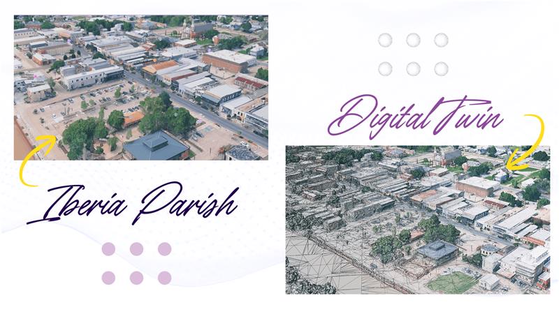 An aerial image of the Port of Iberia (left) juxtaposed with a visual representation of a digital twin of the Port, which is a virtual representation that can include topography, city layout, and various other layers of data for estimating flooding in different scenarios, visualizing the impacts of a nearby solar farm, and more.